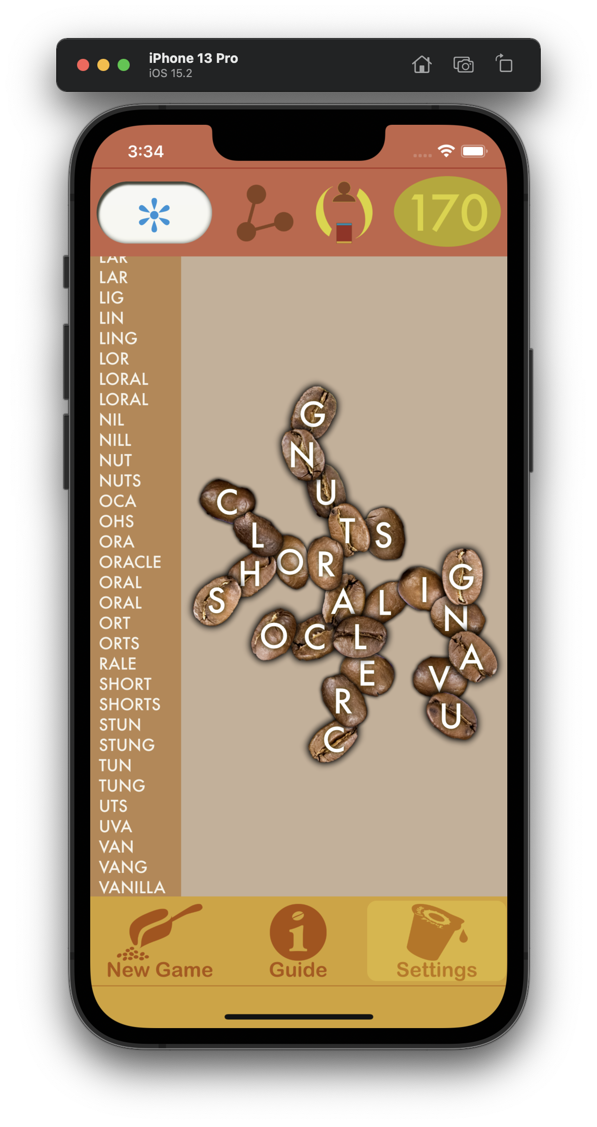 Spell the Beans 170 points with vanilla
