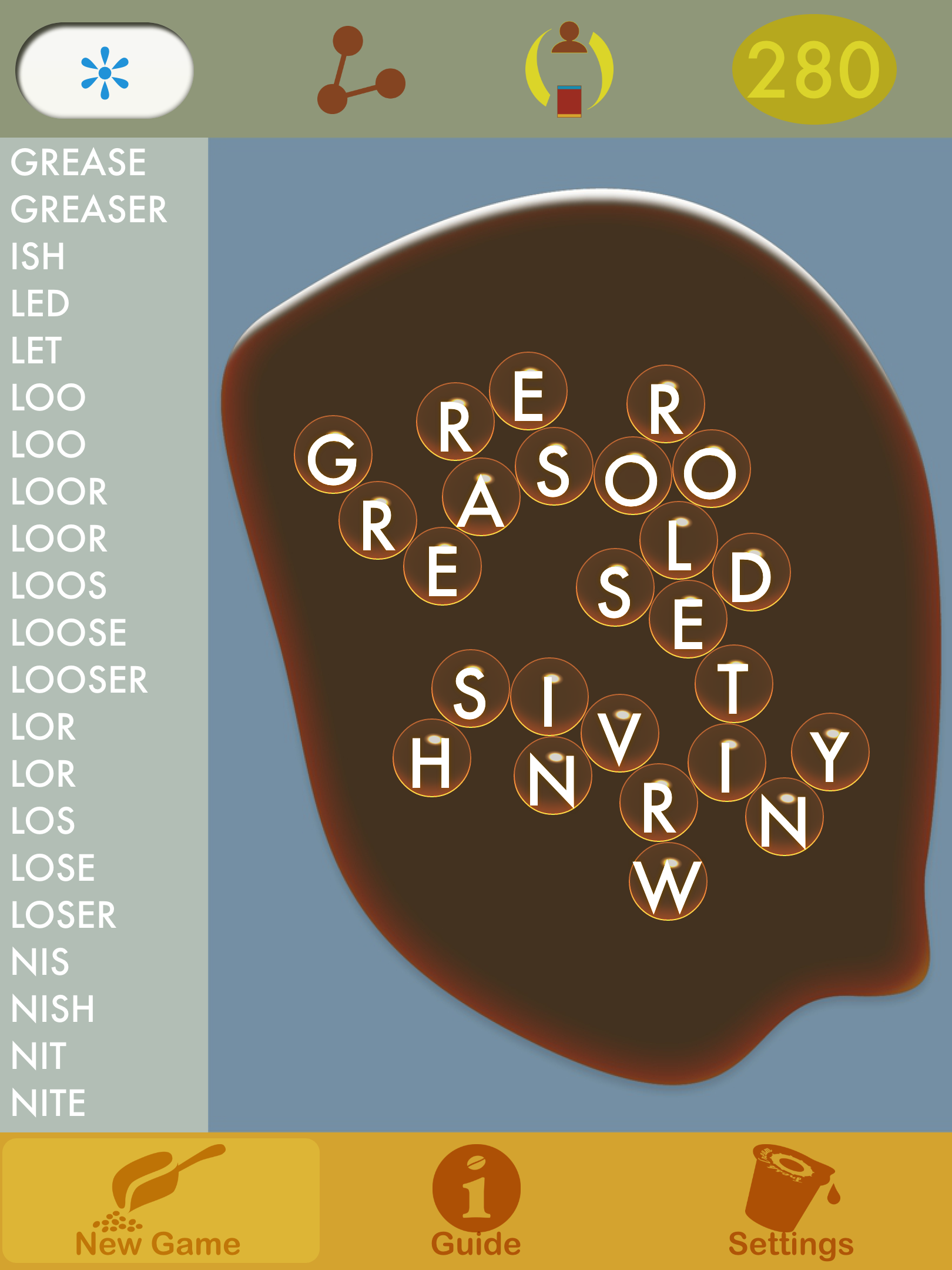 Challenging word game Spell the Coffee 280 points with Double-O iPad portrait screenshot