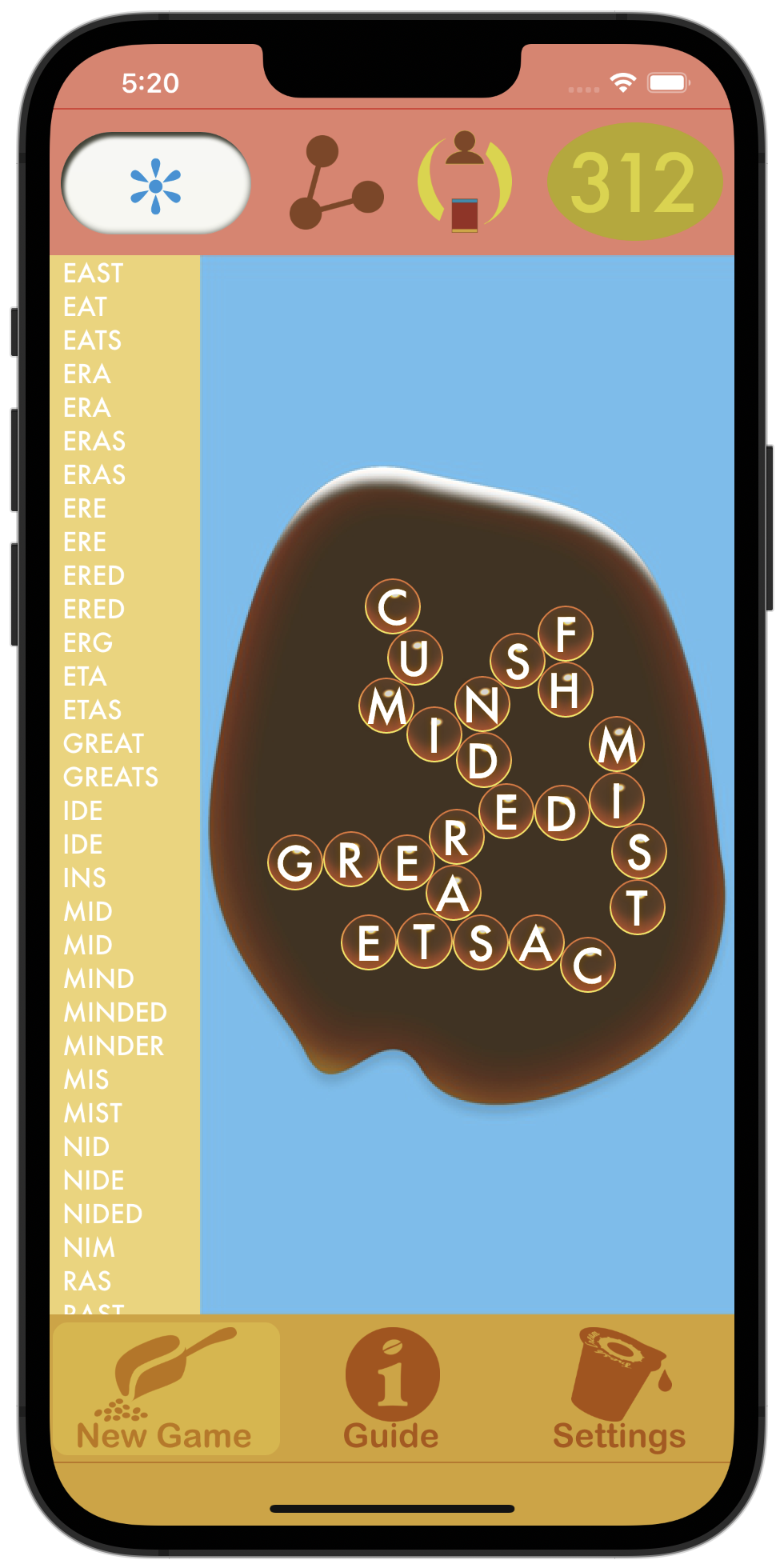 Spell the Coffee 312 points with MINDED