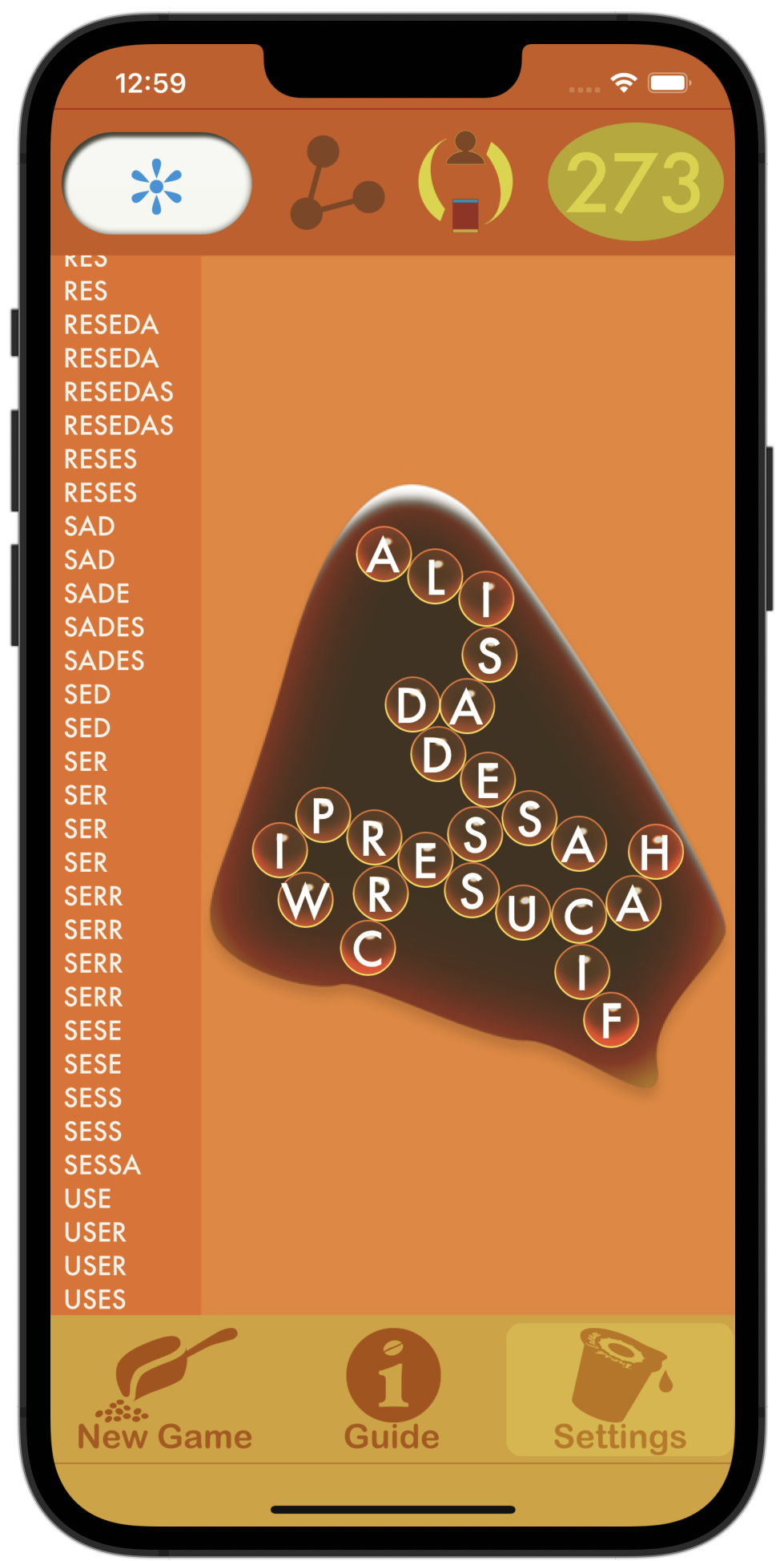 Spell the Coffee 273 points with USE on iPhone 13 Pro Max
