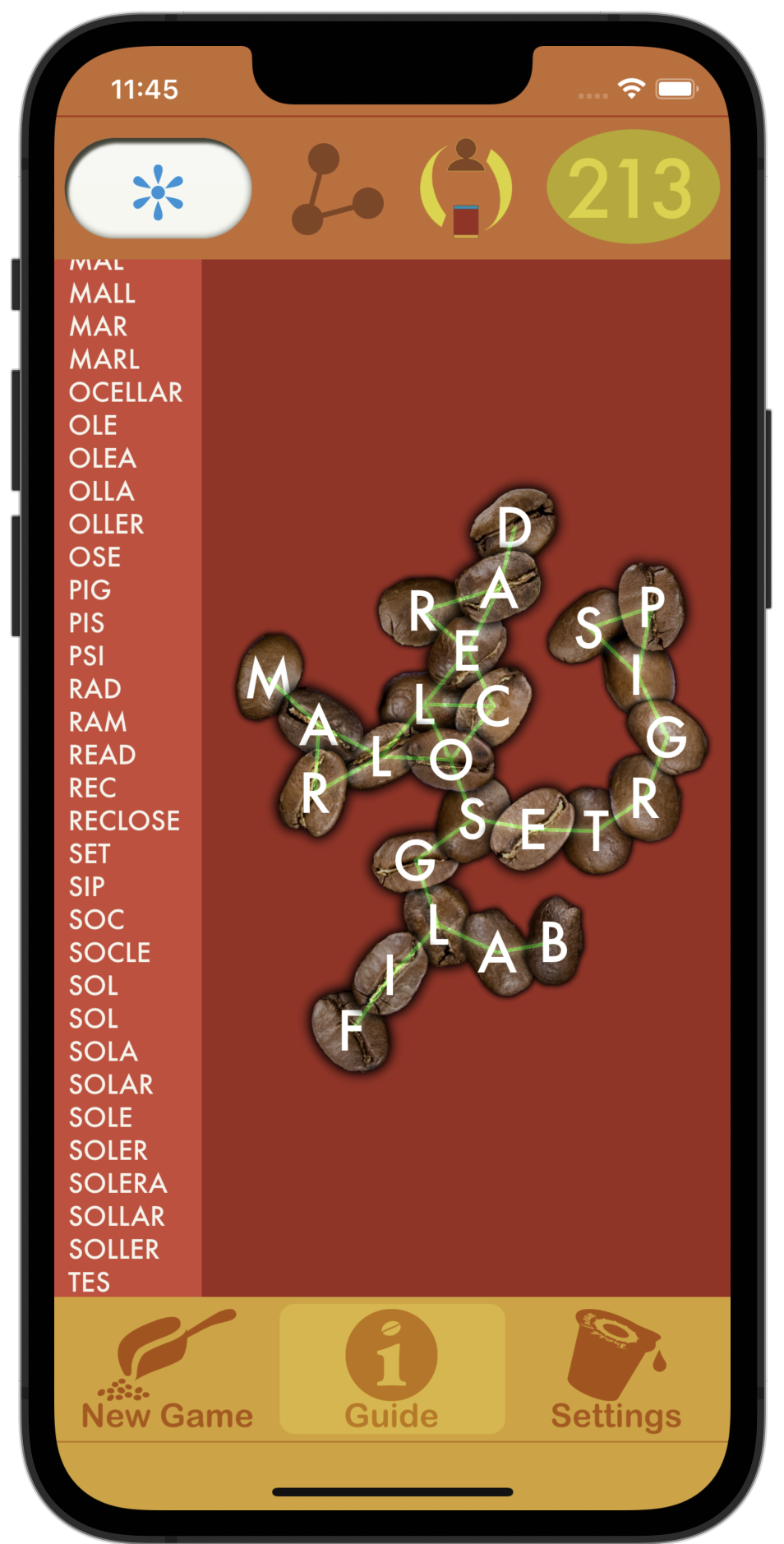 Spell the Beans 213 points with OCELLAR