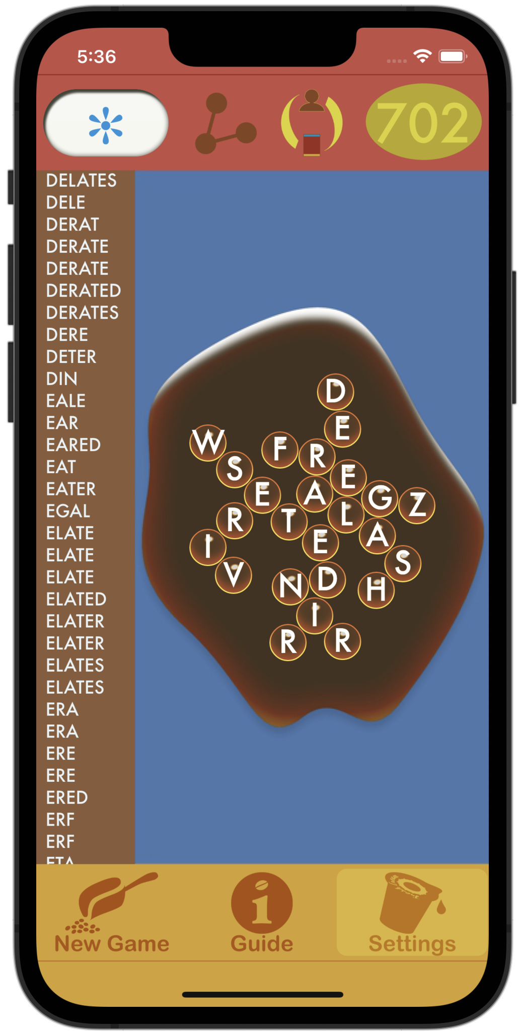 Spell the Coffee 702 points with DERATED