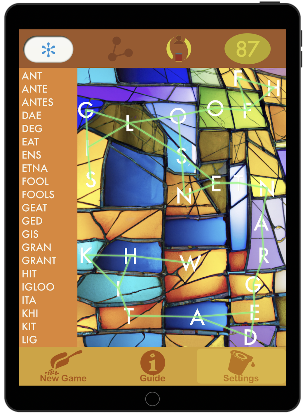 Stained glass game user mockup with lines showing connections