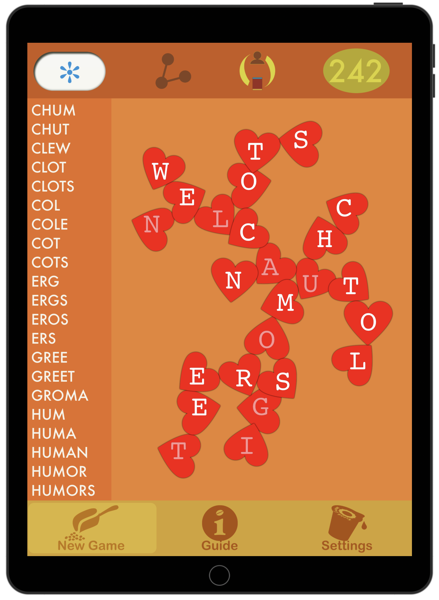 8-Spot heart user screenshot; Push yourself with randomly pre-placed letters