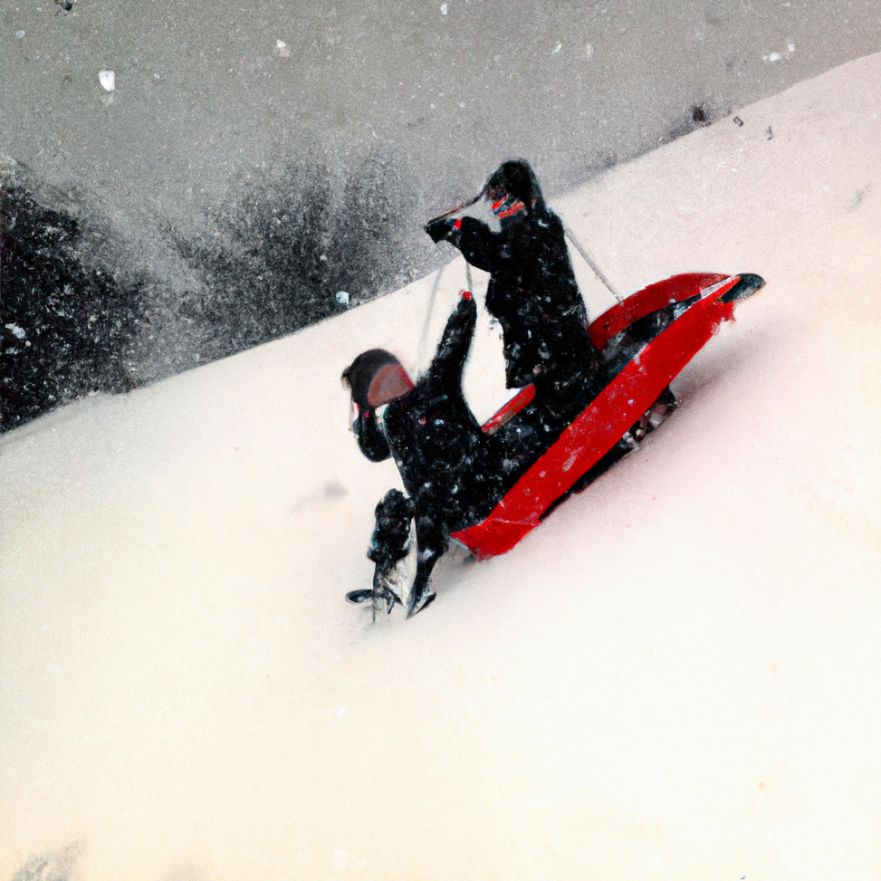 Push yourself and fly! Kids sidooing on snowy Hobson's Hill on a tractor hood