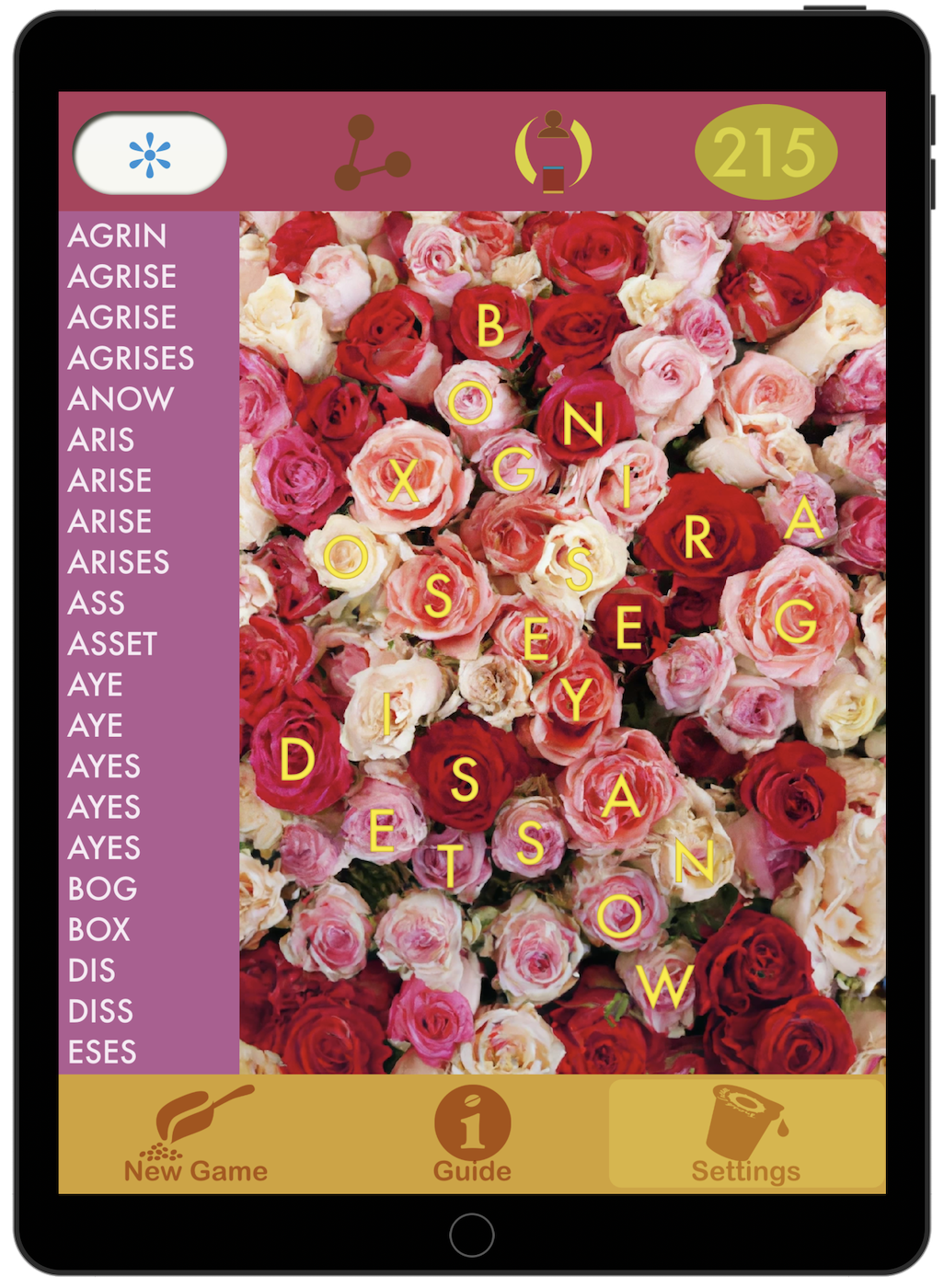 Spell the Roses user mockup screenshot