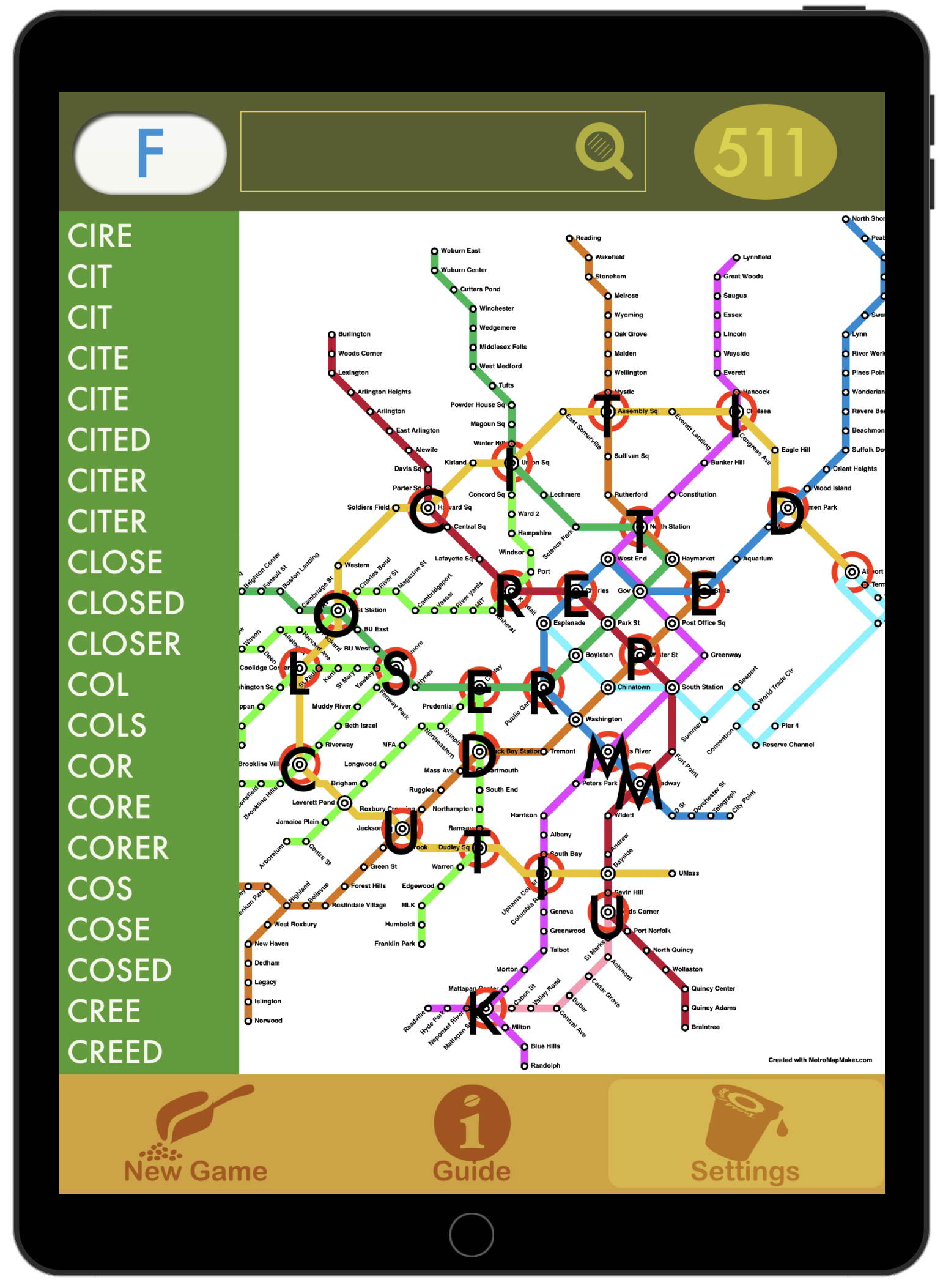 Screenshot of game played using Boston Subway system mockup