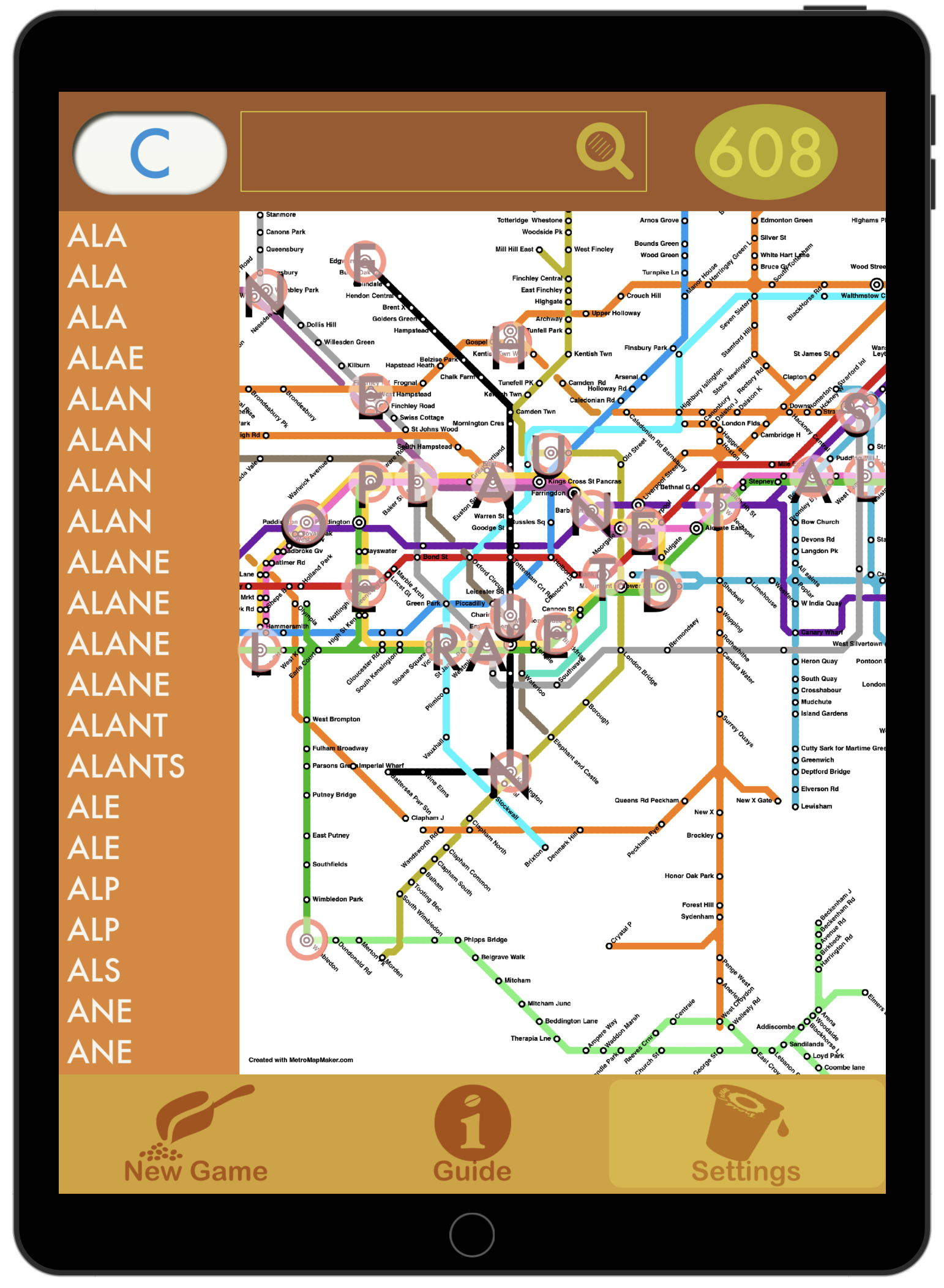 Screenshot of game played using London Tube system mockup